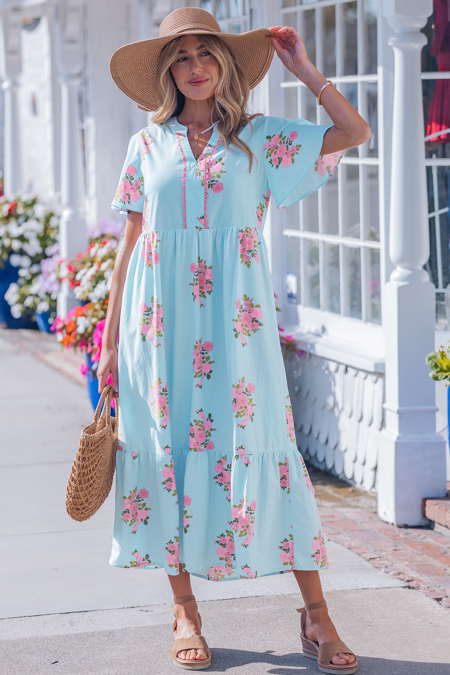 Pink Notched Neck Flutter Short Sleeve Floral Print Maxi Dress - Snoopy's Closet