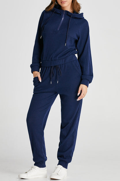 Conjunto de sudadera corta con capucha de punto acanalado y joggers con cordón azul marino
