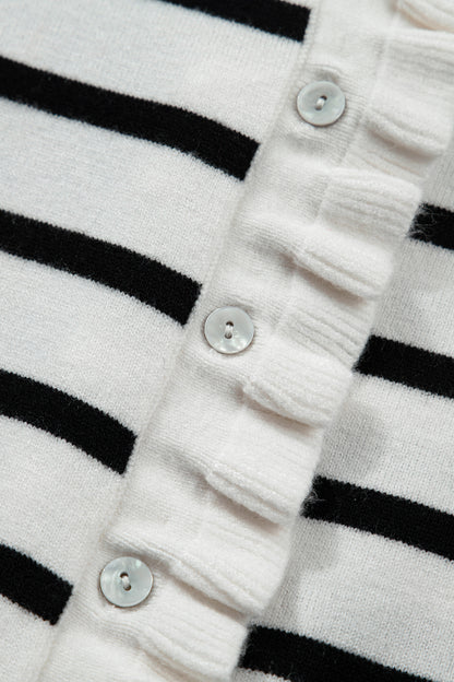 Beige Stripe Ruffle Trim Button Down Knit Short Sleeve Sweater Cardigan
