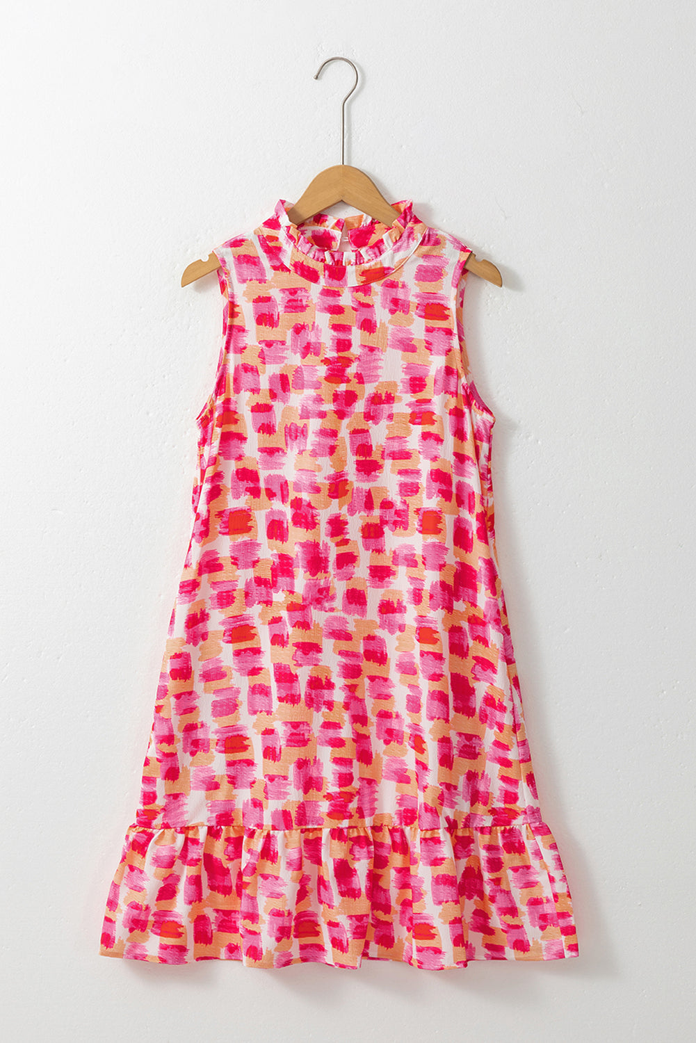 Vestido Mini Sin Mangas con Volantes en el Cuello y Estampado Abstracto Rosa