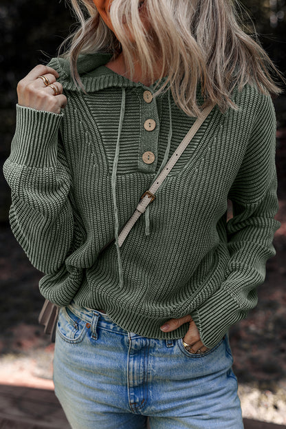 Mist Green Mineral Wash Ribbed Knit Button Drawstring Neck Hooded Sweater - Snoopy's Closet