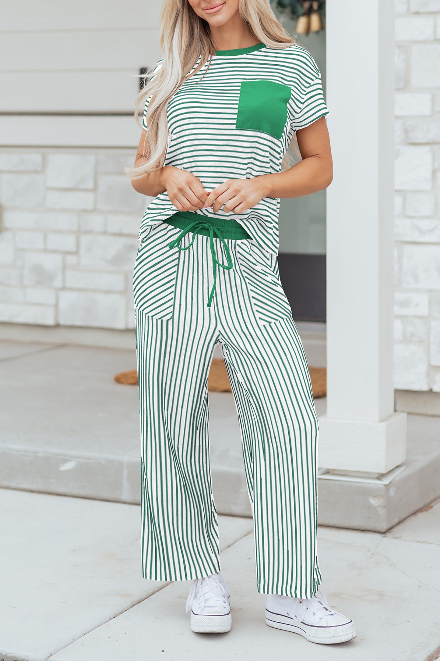 Sky Blue Stripe Crew Neck Tee Drawstring Waist Cropped Pants Set - Snoopy's Closet