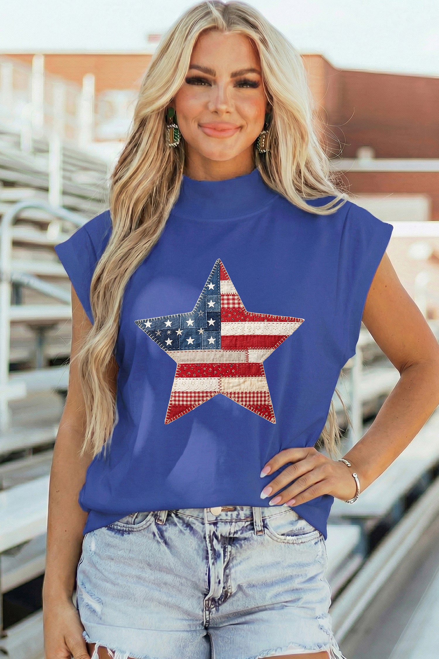 Sky Blue Faux Patchwork Patriotic Star Printed High Neck Top
