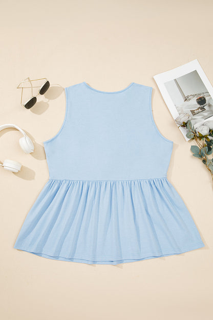 Beau Blue Talla Grande Color Sólido Lazo Peplum Blusa Sin Mangas
