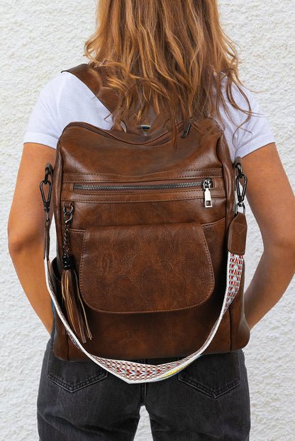 Dark Brown Tassel Decor Retro PU Large Capacity Backpack - Snoopy's Closet