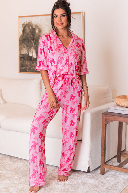 Conjunto de pijama de lazo rosa con estampado de solapa, manga corta y pantalón