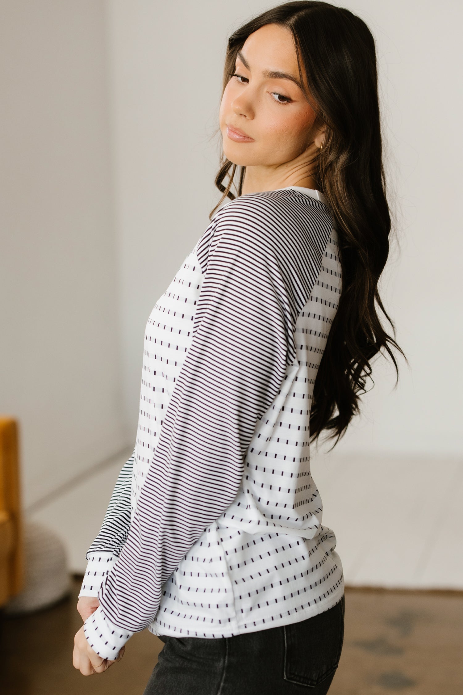 Black Stripe Raglan Patchwork Long Sleeve Tee - Snoopy's Closet