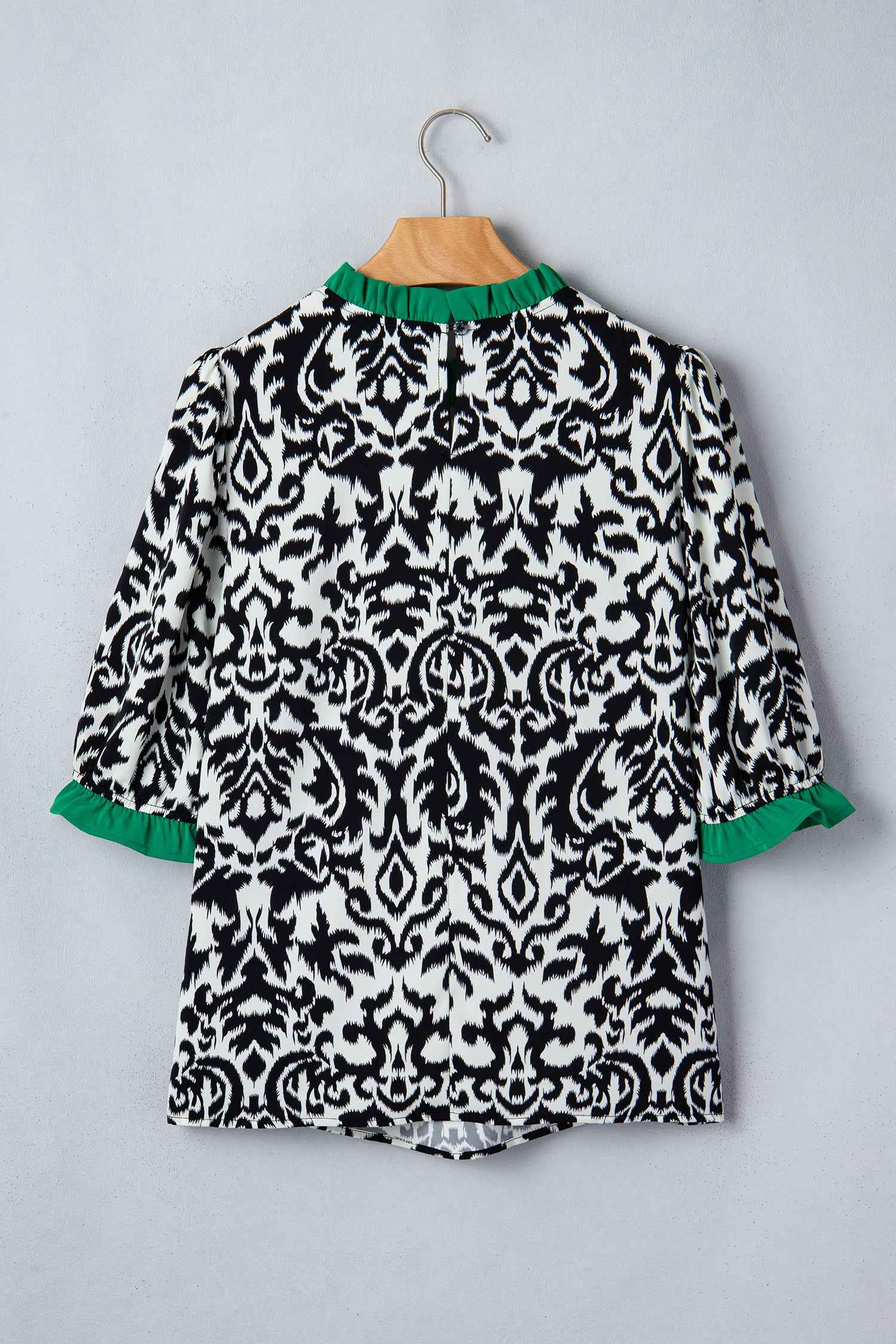 Green Damask Print Ruffled Color Block Detail Half Sleeve Blouse