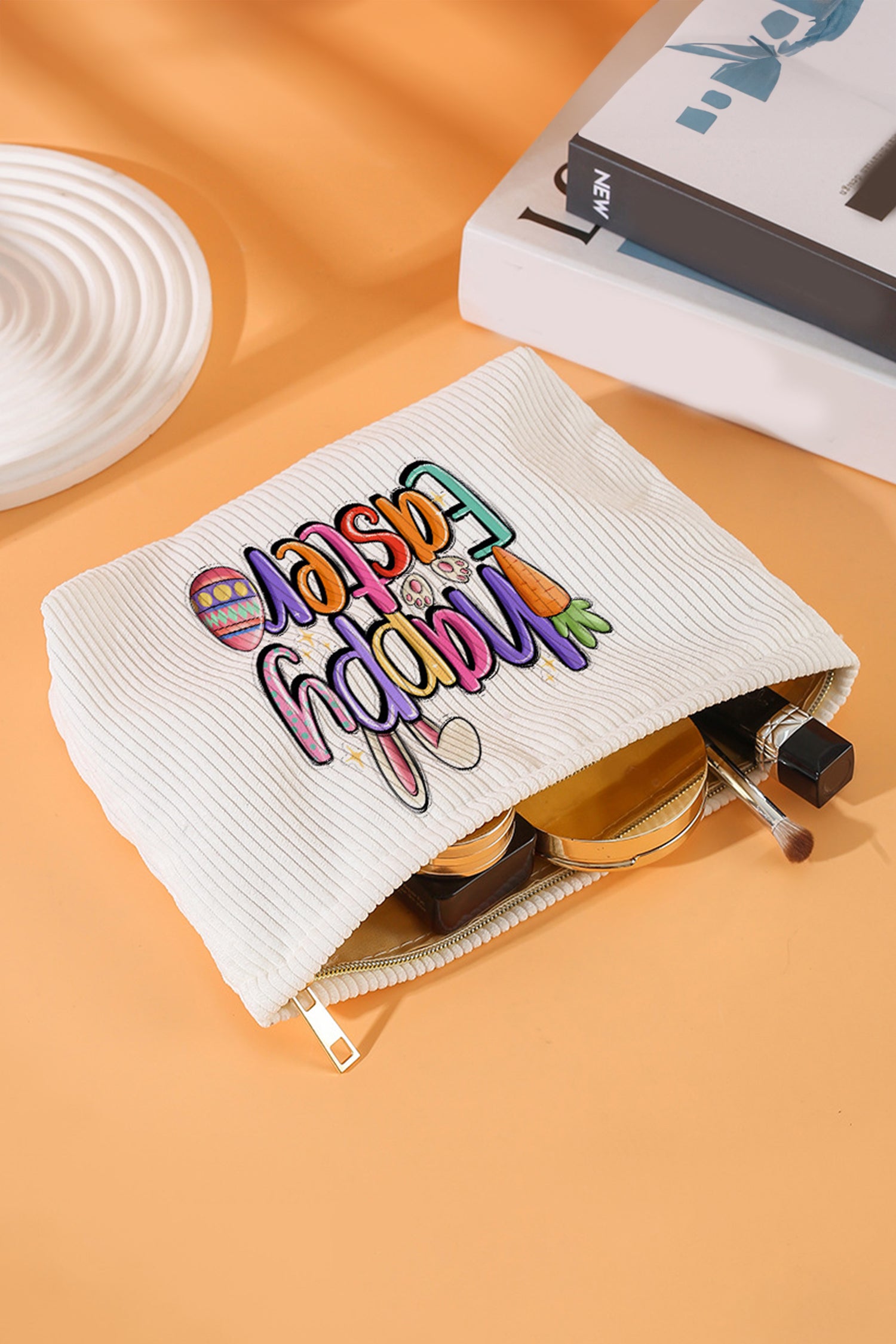White Happy Easter Playful Printed Corduroy Makeup Bag - Snoopy's Closet