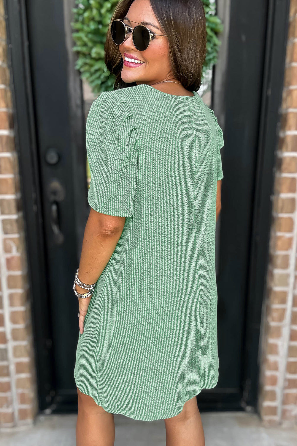 Mint Green Corded Knit Crew Neck Puff Sleeve Shift Mini Dress - Snoopy's Closet