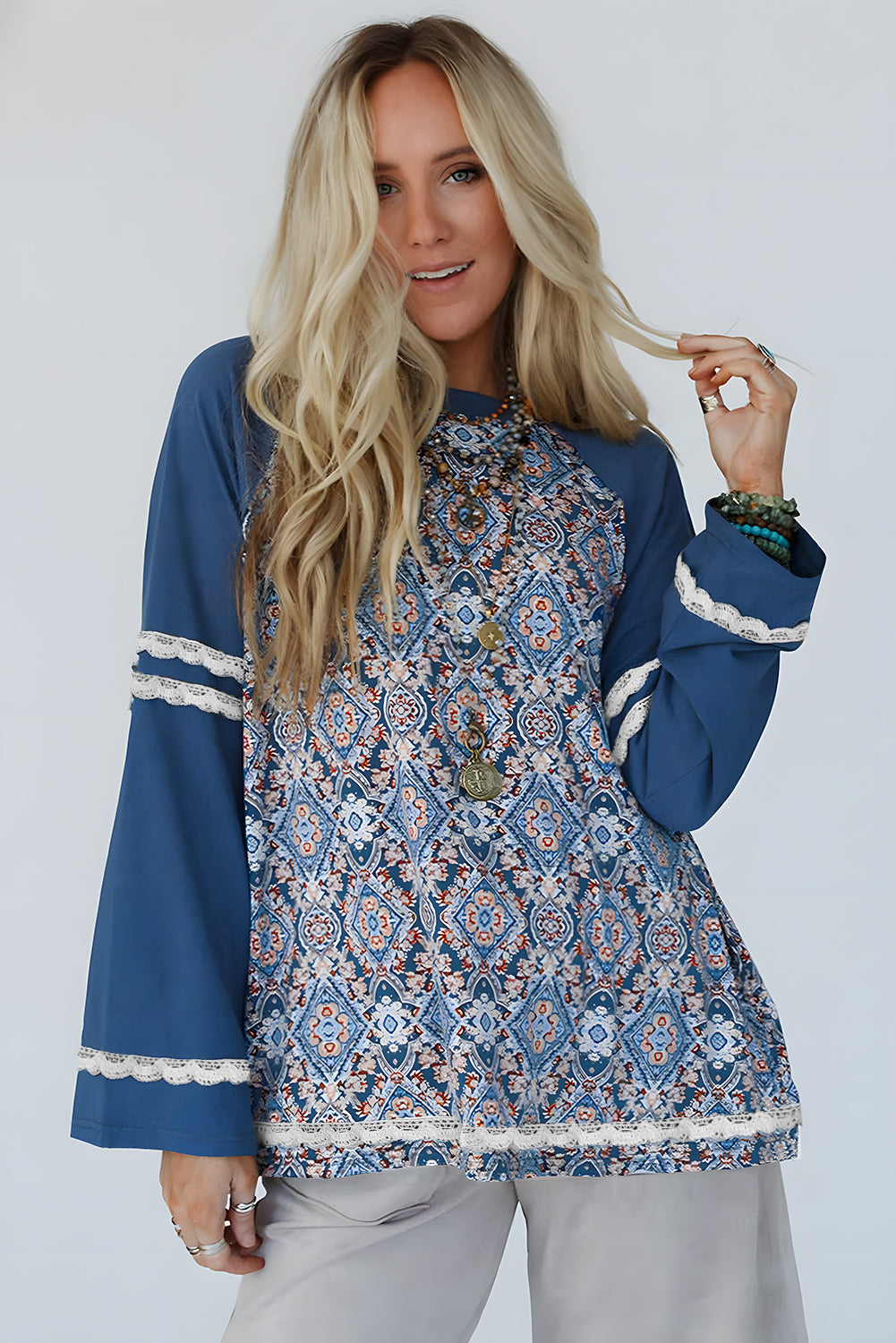 Blue Geometric Printed Lace Patchwork Ric Rac Raglan Long Sleeve Top - Snoopy's Closet