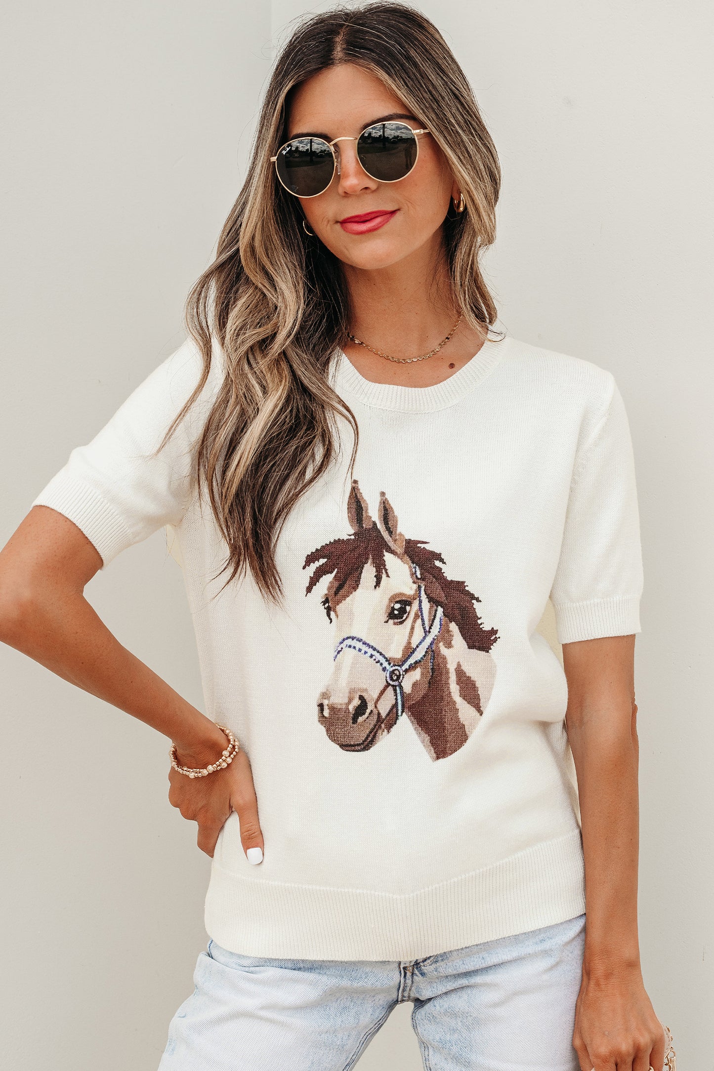 White Wild West Horse Head Printed Short Sleeve Sweater - Snoopy's Closet