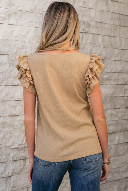Smoke Gray Ruffled Tiered Sleeve Square Neck Textured Top - Snoopy's Closet