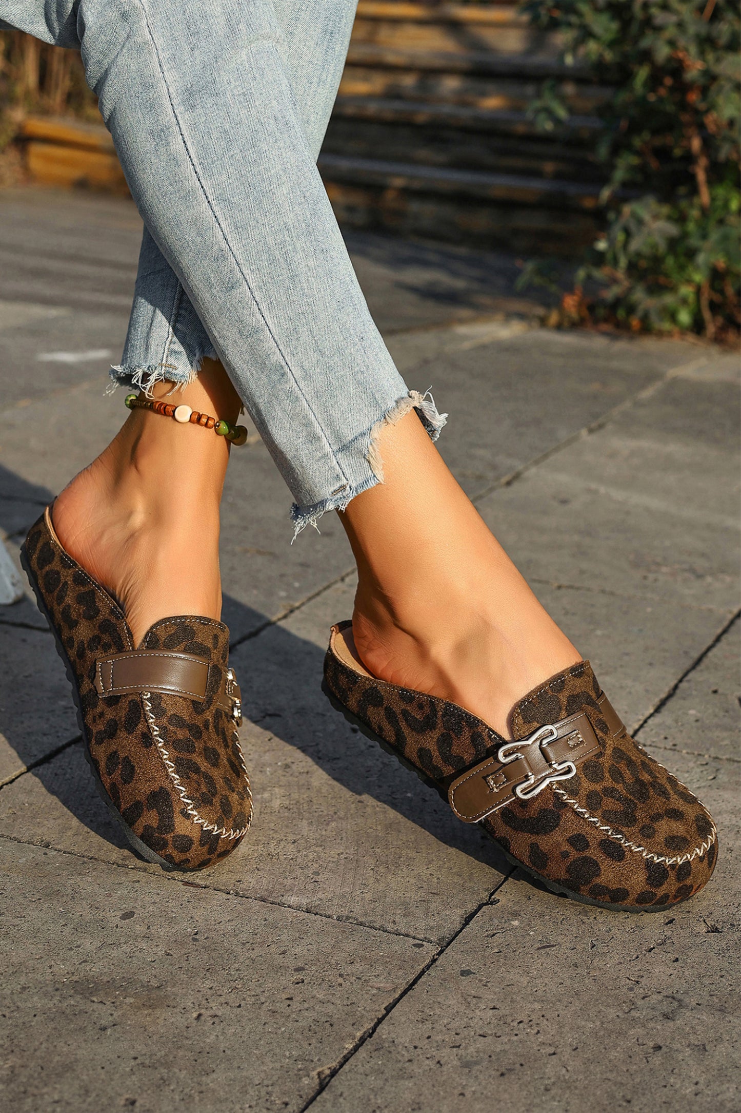 Coffee Faux Suede Cute Buckle PU Leather Strap Mule Slippers - Snoopy's Closet