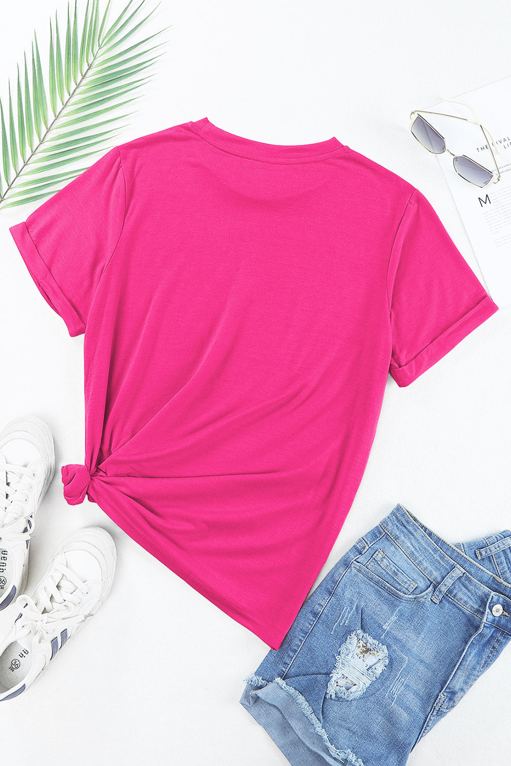 Rose Red Casual Plain Crew Neck Tee - Snoopy's Closet