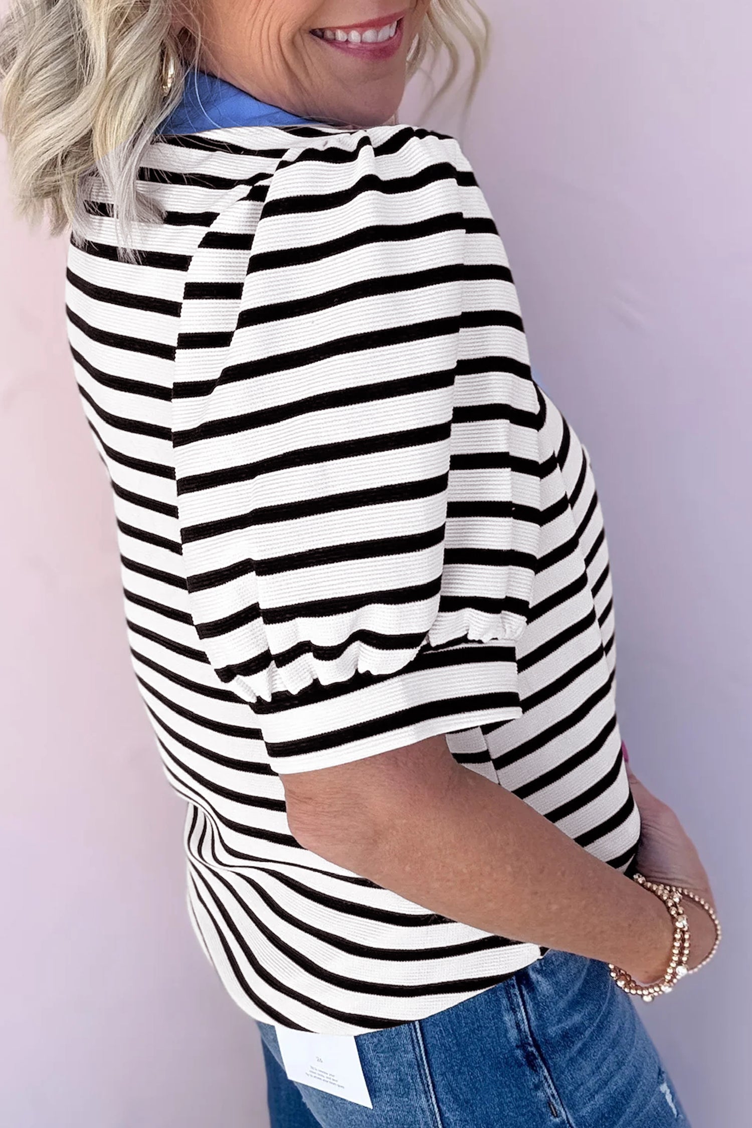 Blue Stripe Short Puff Sleeve Color Block Polo Collar Blouse