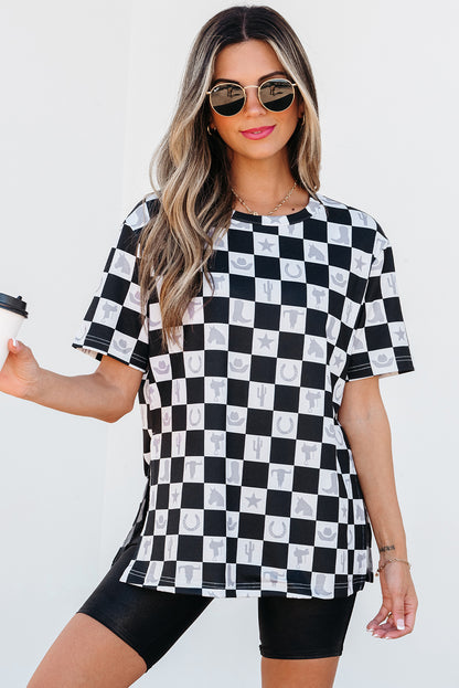 Black Western Fashion Checkerboard Print Side Split T Shirt - Snoopy's Closet