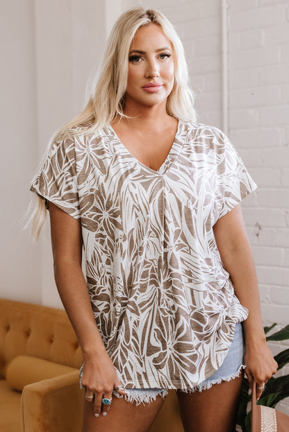 Khaki Floral Print V Neck Short Sleeve Loose Fit Blouse - Snoopy's Closet