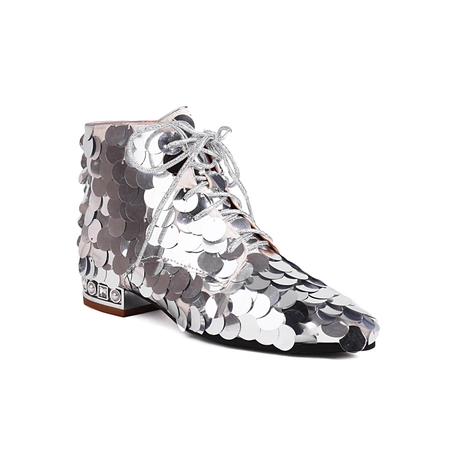Women Gold Bling Bling Boots Silver Glitter Low Heels Big Round Sequins Booties Lace-up Zipper Woman
