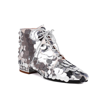 Women Gold Bling Bling Boots Silver Glitter Low Heels Big Round Sequins Booties Lace-up Zipper Woman