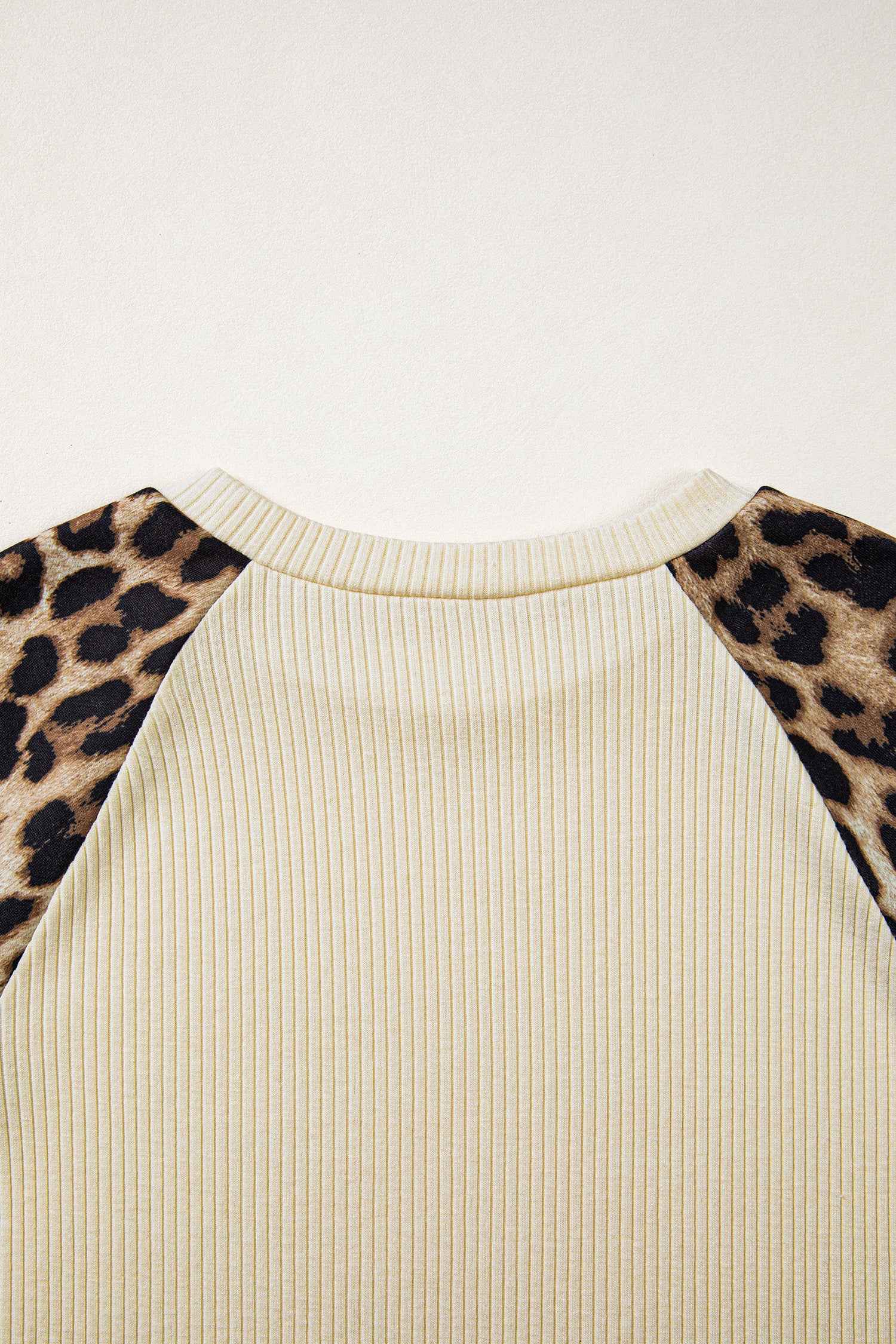 Apricot Ribbed Color Block Leopard Contrast Sleeve Loose Tee