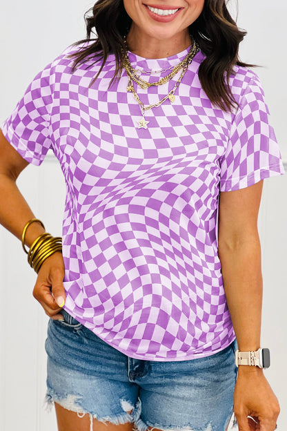 Purple Checkered Print Crew Neck Mesh T Shirt - Snoopy's Closet