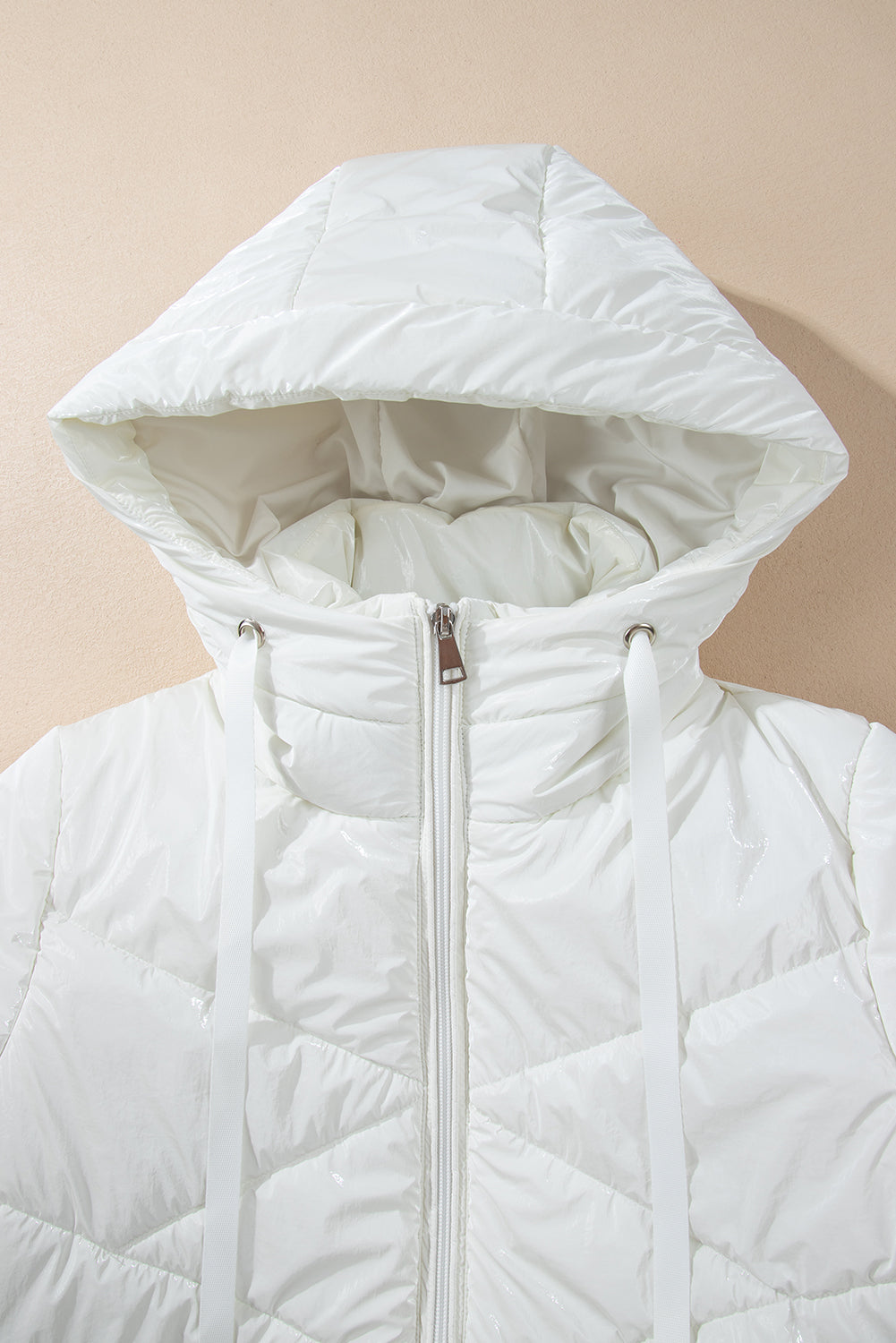 White Solid Quilted Hooded Zip Up Puffer Coat - Snoopy's Closet