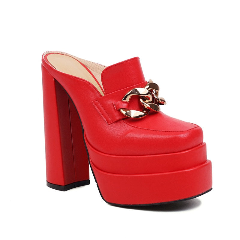 processing time:3-5 days after placing orders--Women Sandals Genuine Leather Super High Heels Slippers Platforms Mules Wedding Party Shoes Woman Fashion Chain Pumps