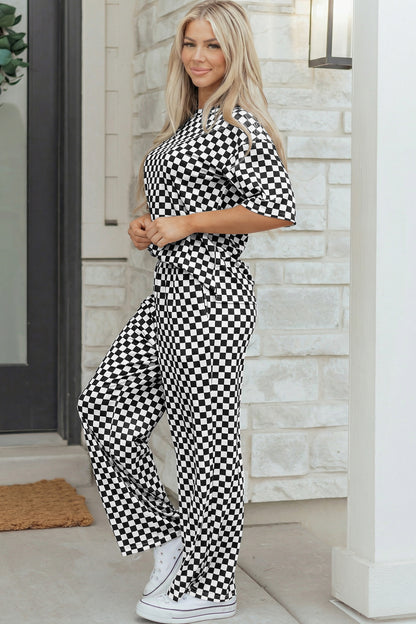 Khaki Checkered Print Half Sleeve Tee 2pcs Lounge Pant Set - Snoopy's Closet