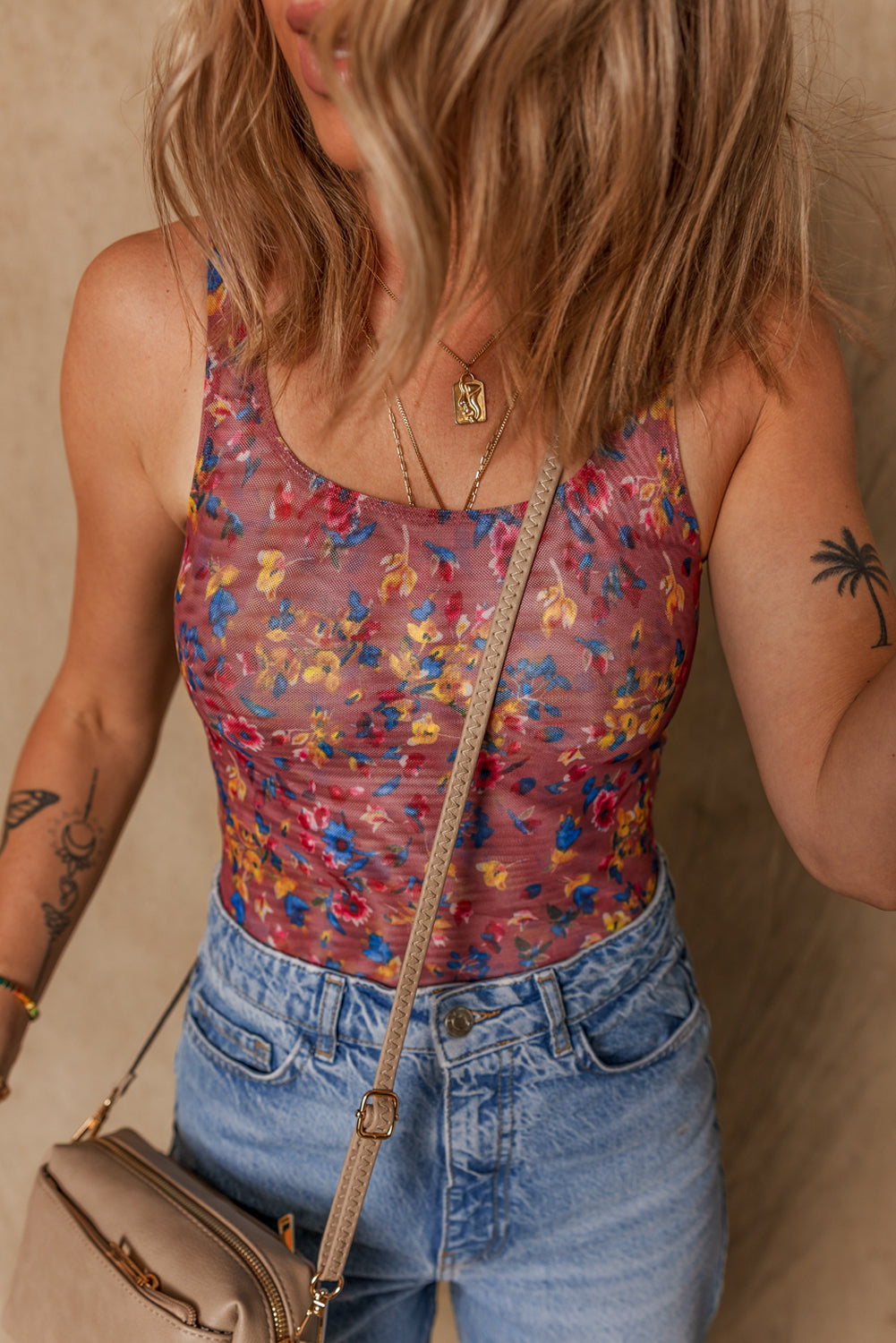 Purple Floral Printed Mesh U Neck Sleeveless Bodysuit - Snoopy's Closet