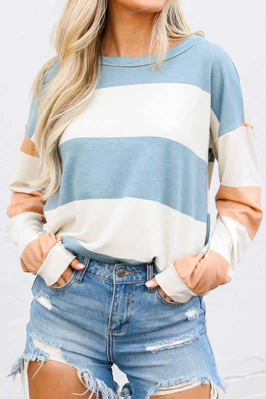 Light Blue Colorblock Striped Drop Shoulder Long Sleeve Top - Snoopy's Closet