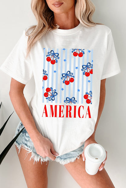 Camiseta patriótica de cuello redondo con gráfico de cereza con lazo blanco de AMÉRICA