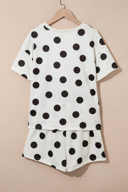 Black Polka Dot Print Loose Tee Drawstring Elastic Waist Short Set - Snoopy's Closet