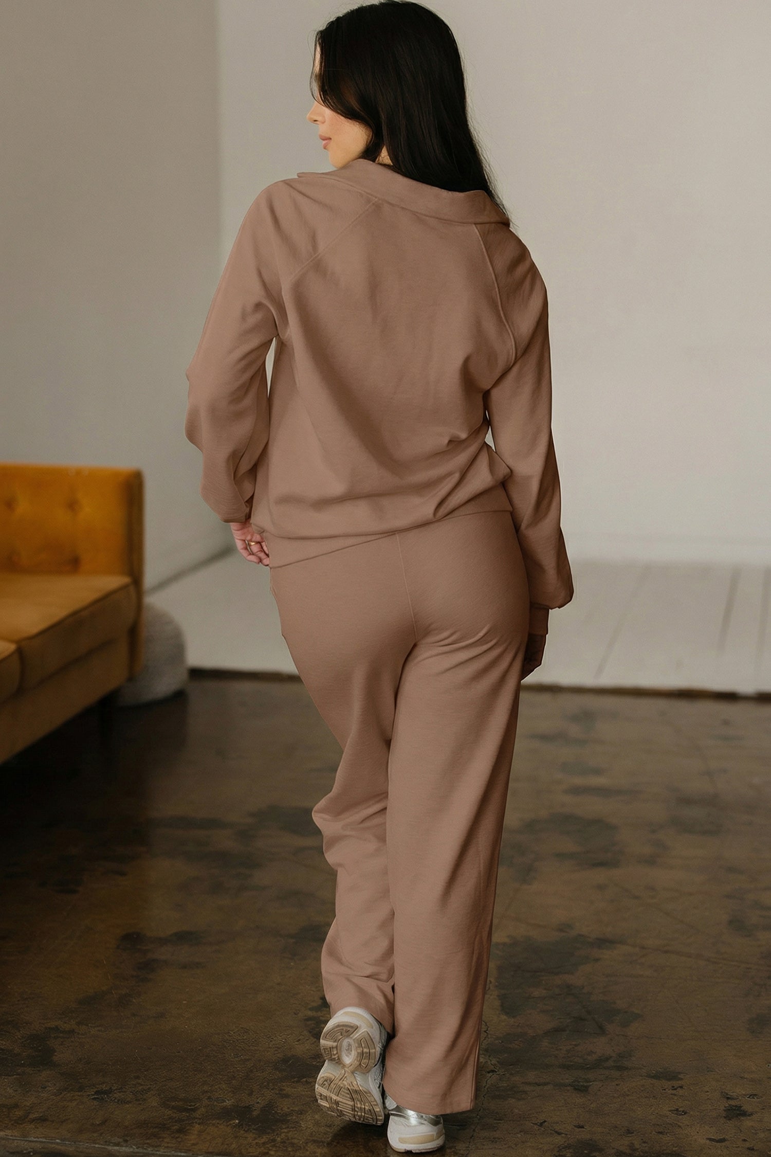 Dark Khaki Polo Collar V Neck Pullover and Drawstring Sweatpants Set - Snoopy's Closet
