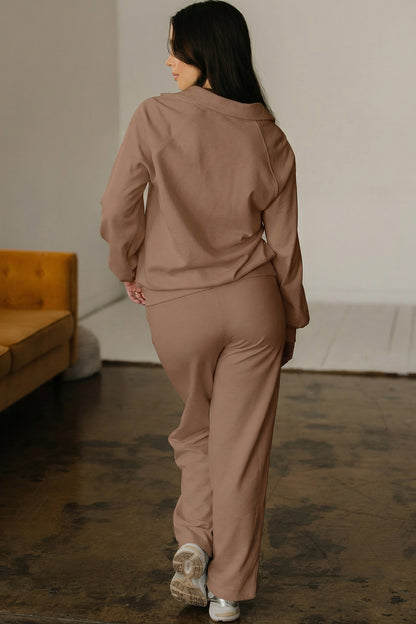 Dark Khaki Polo Collar V Neck Pullover and Drawstring Sweatpants Set - Snoopy's Closet