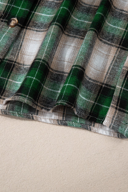 Sobrecamisa con Capucha Abotonada y Bolsillo en el Pecho con Estampado de Cuadros Verdes