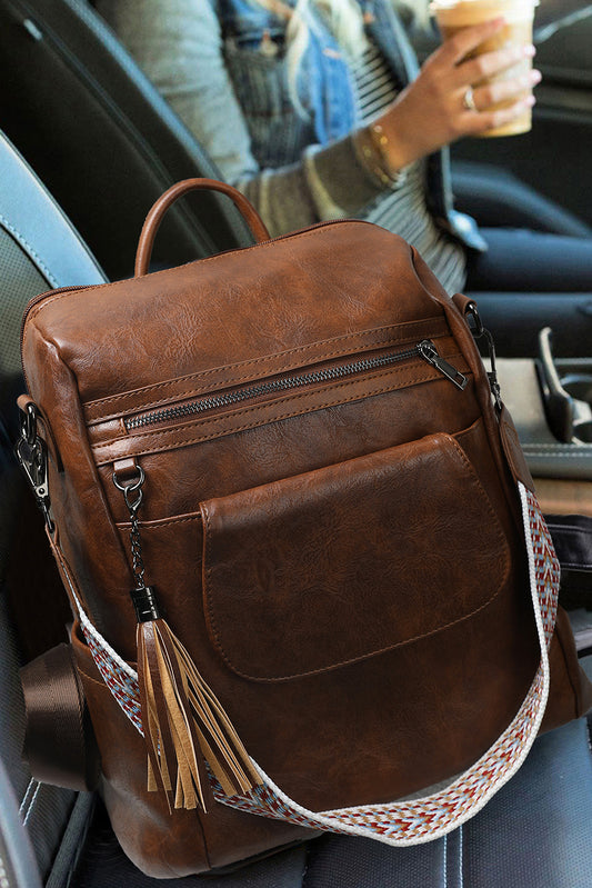 Dark Brown Tassel Decor Retro PU Large Capacity Backpack - Snoopy's Closet