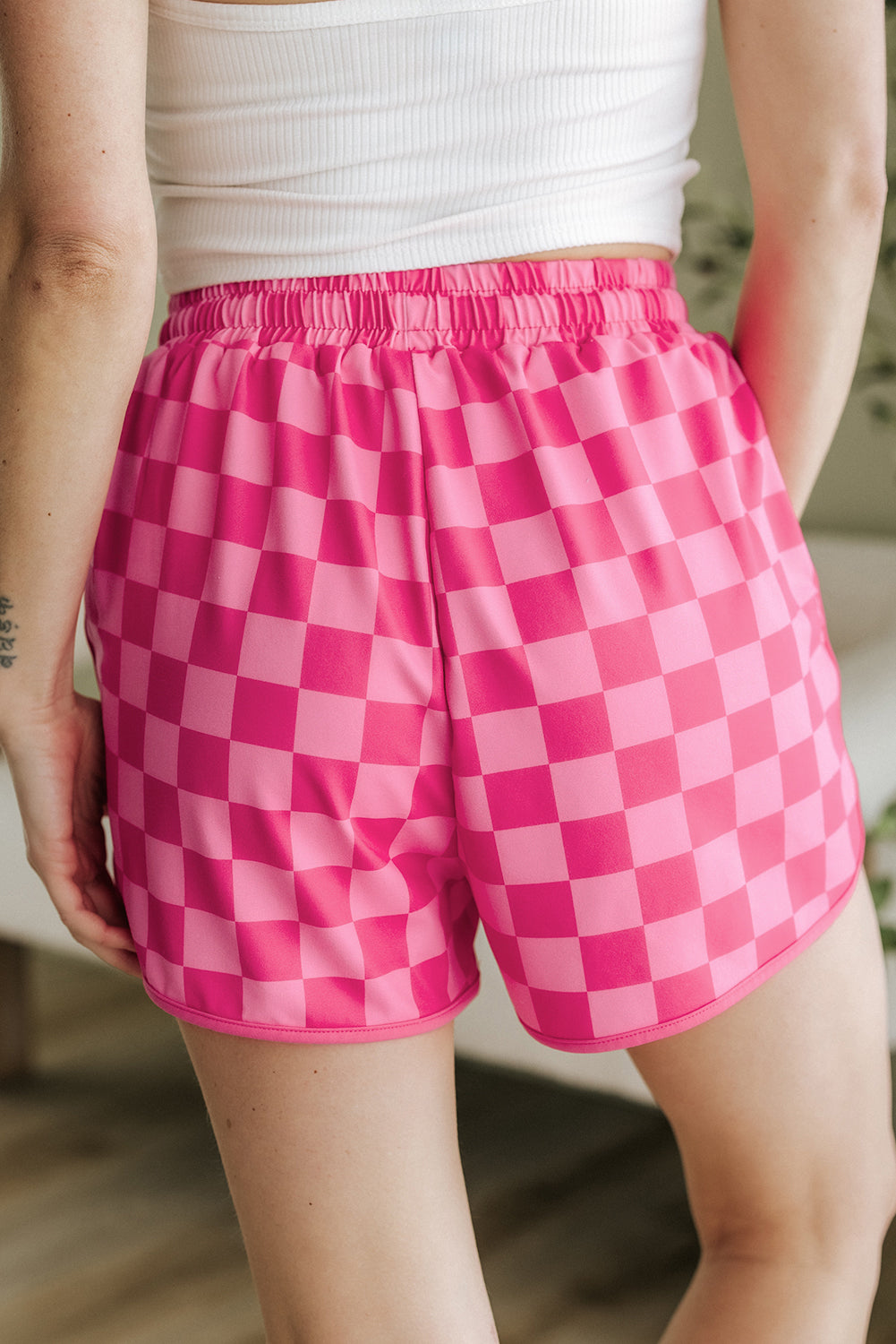 Rose Checkered Drawstring Elastic Waist Casual Shorts - Snoopy's Closet