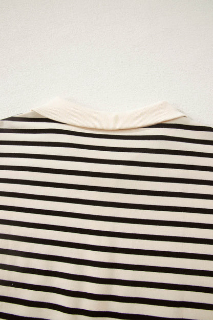 Black Stripe Ribbed Color Block Trim Zip Polo Tee Drawstring Shorts 2pcs Outfit - Snoopy's Closet