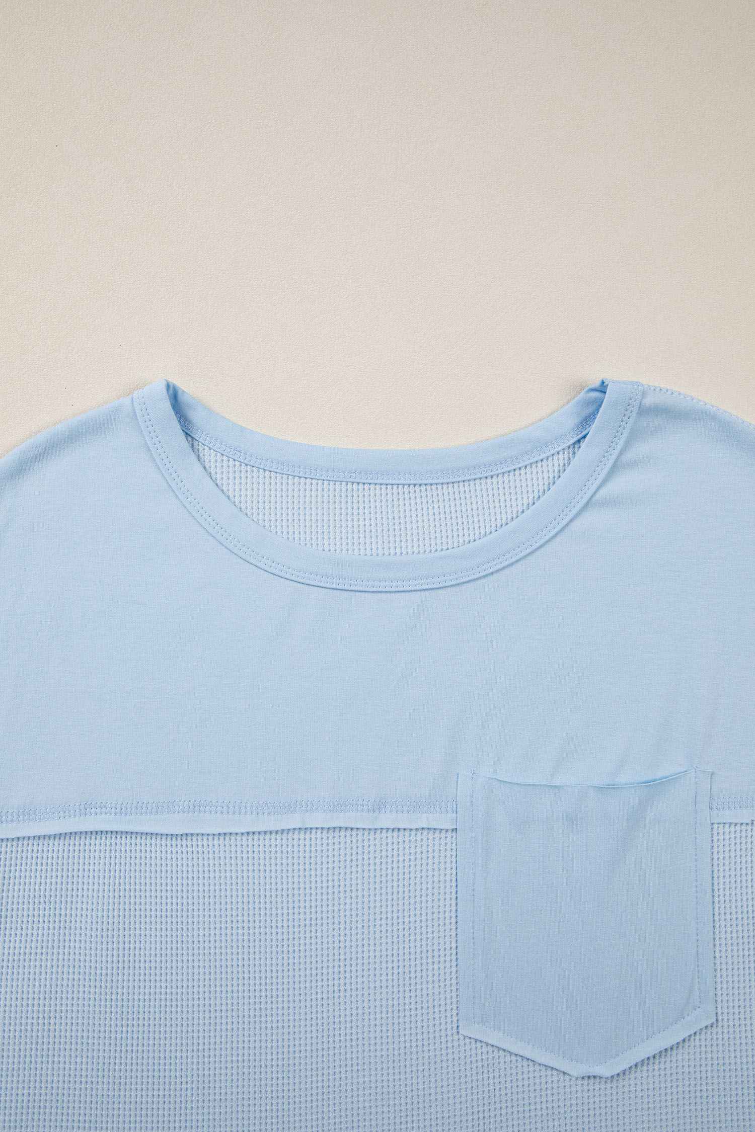 Pink Solid Color Raw Seam Waffled Patchwork Casual T Shirt