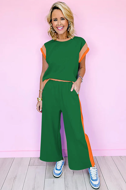 Dark Green Color Block Detail Casual Two-piece Set - Snoopy's Closet