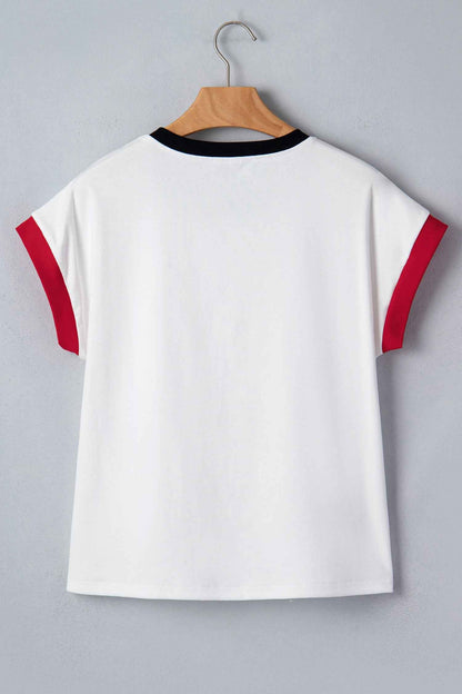White USA Sequin Color Block Trim Loose T Shirt