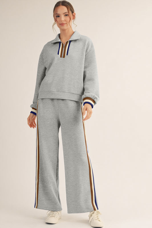 Gray Striped Patchwork Quarter Zip Pullover Loose Pant Set - Snoopy's Closet
