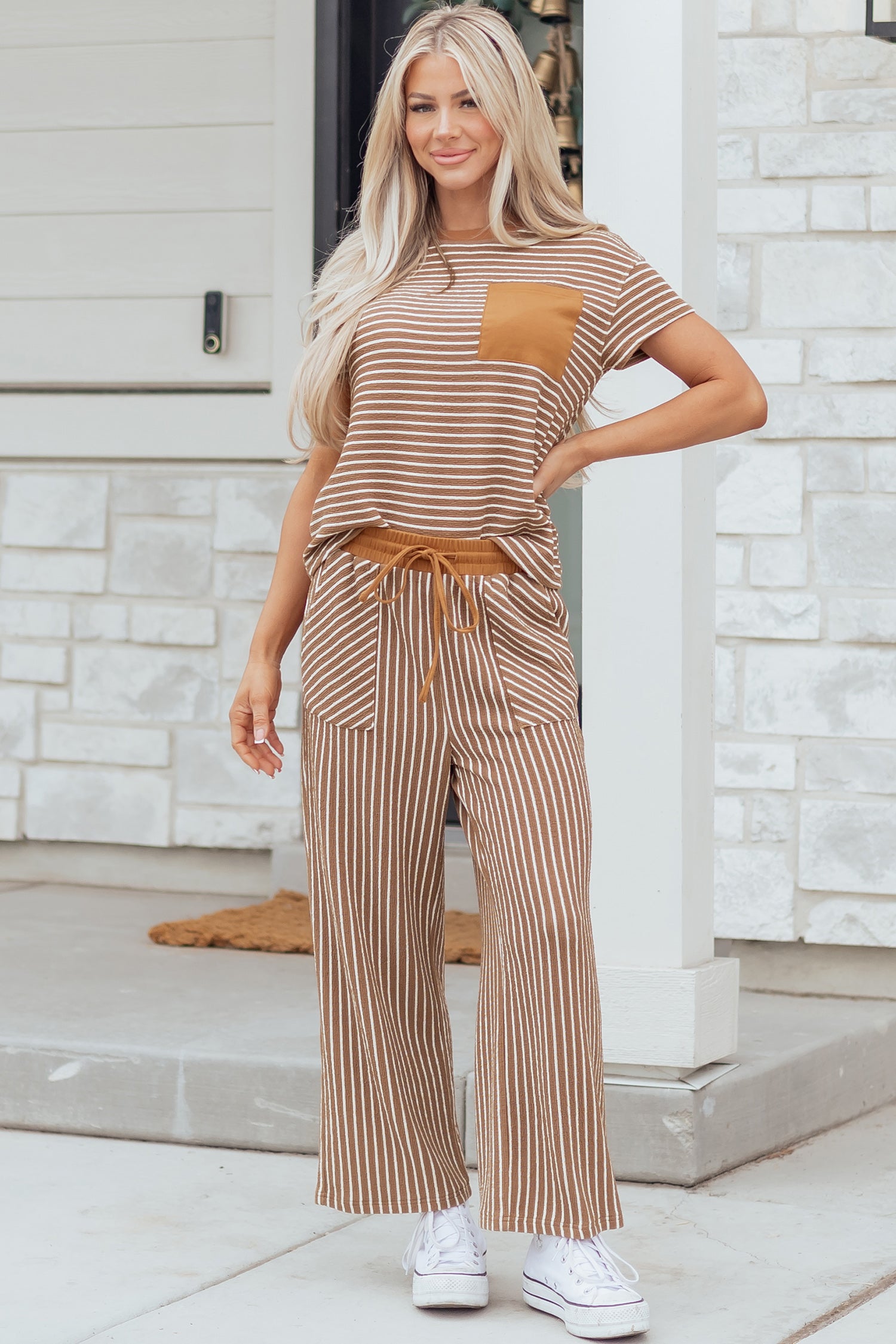 Sky Blue Stripe Crew Neck Tee Drawstring Waist Cropped Pants Set - Snoopy's Closet