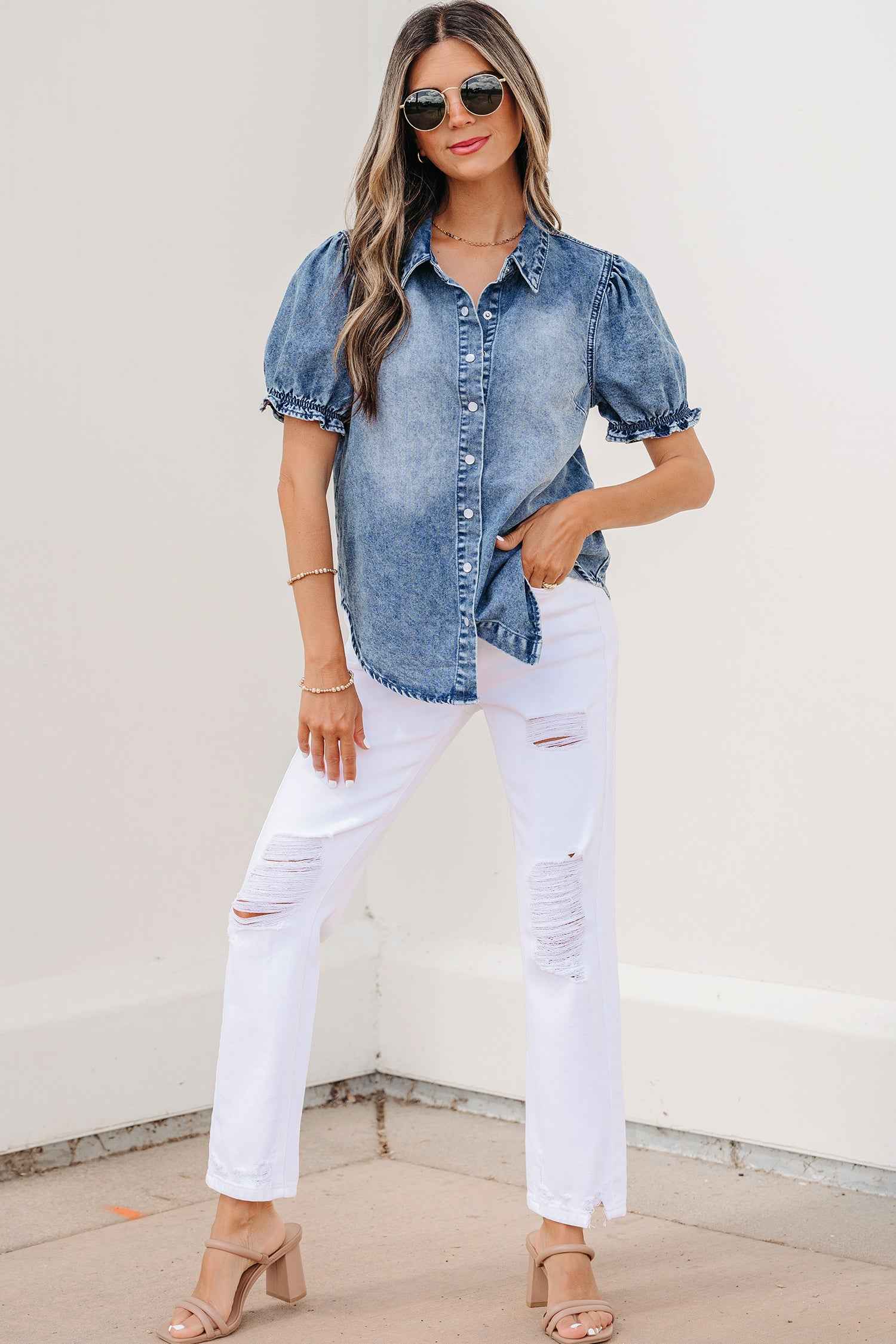 Beau Blue Frilled Short Sleeve Snap Button Denim Shirt