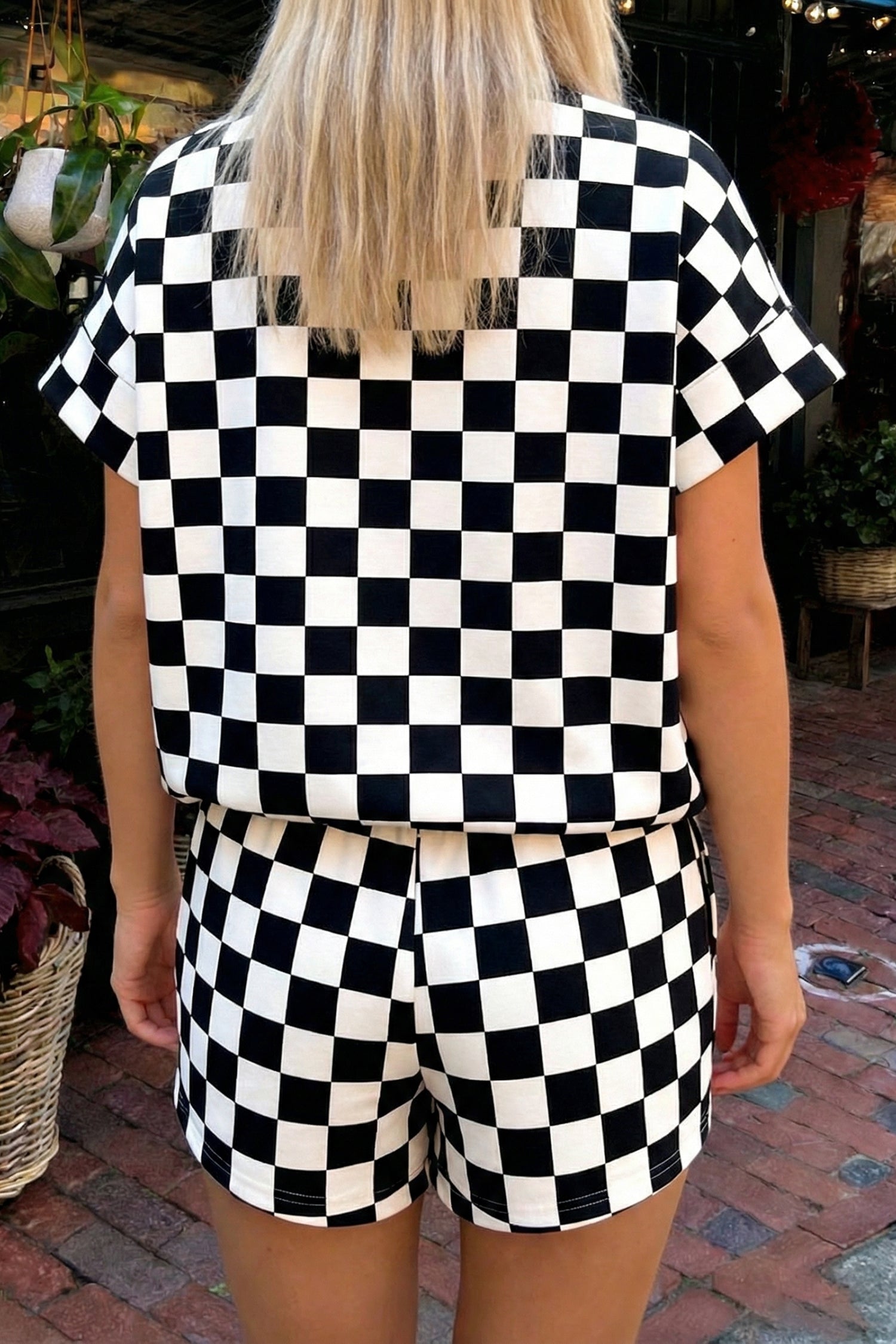 Pink Checkered Print Color Block Trim Mock Neck Short Set - Snoopy's Closet