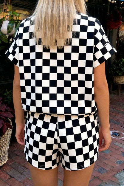 Pink Checkered Print Color Block Trim Mock Neck Short Set - Snoopy's Closet
