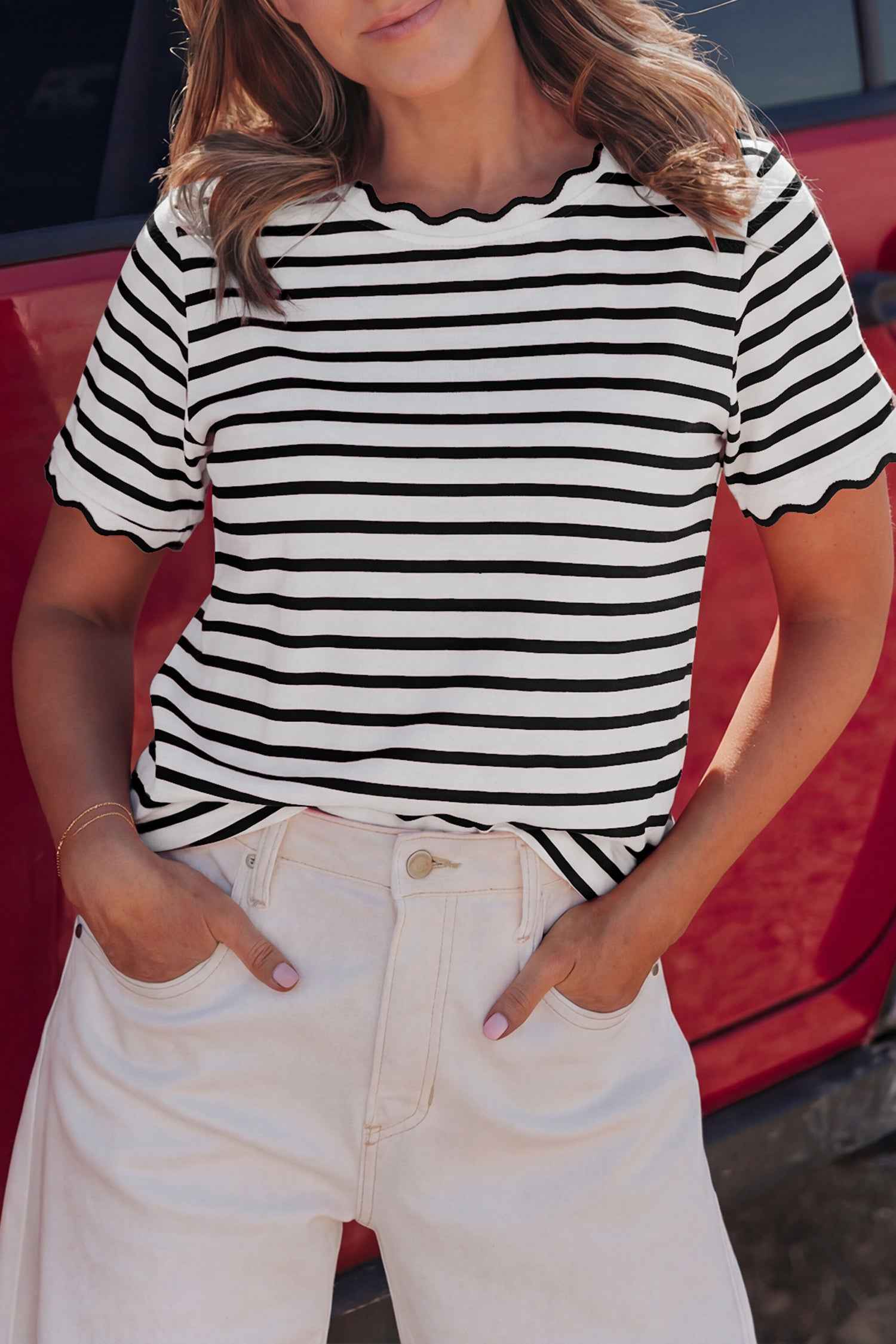 Green Stripe Scalloped Trim Round Neck T Shirt