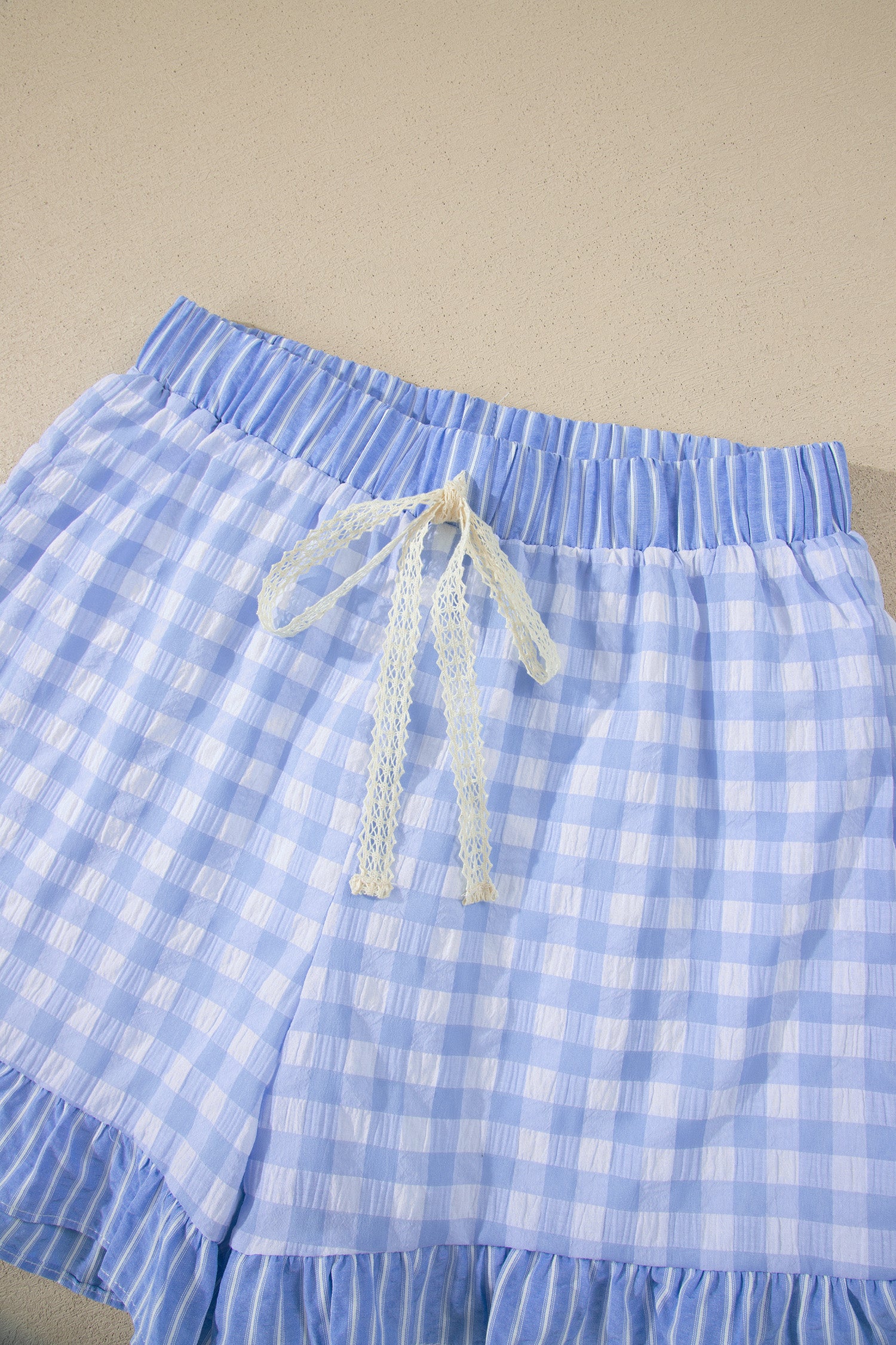 Red Gingham Print Ruffle Striped Detail Lace Tie Shorts - Snoopy's Closet
