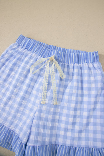Red Gingham Print Ruffle Striped Detail Lace Tie Shorts - Snoopy's Closet